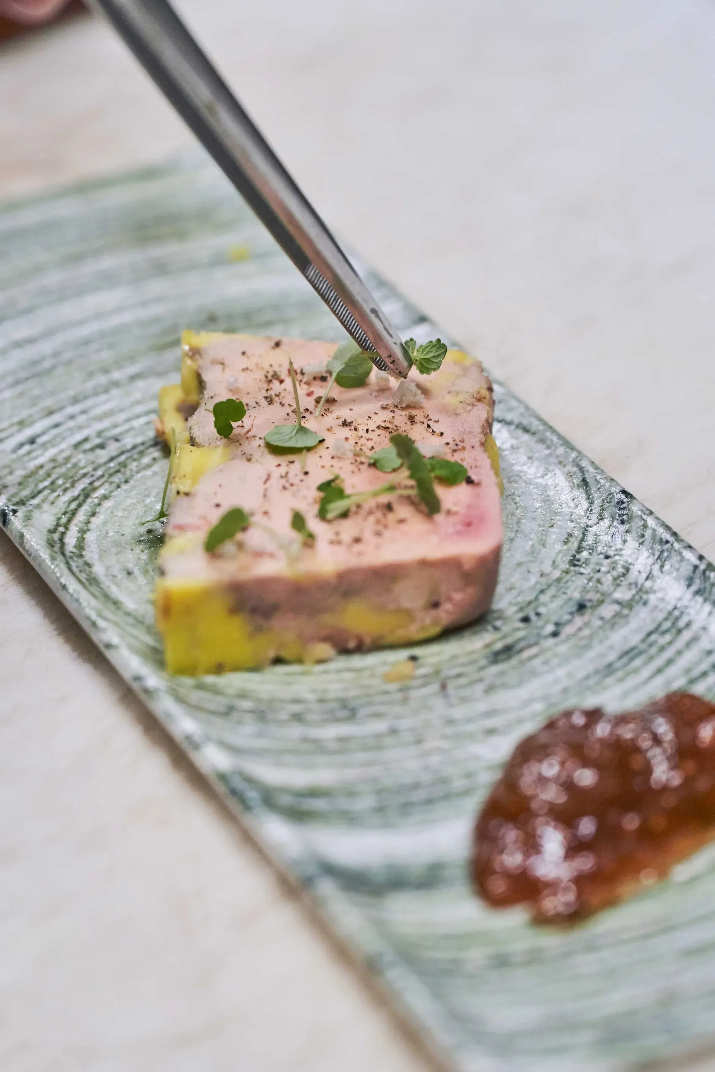 Foie gras décoré avec herbes fraîches sur assiette.