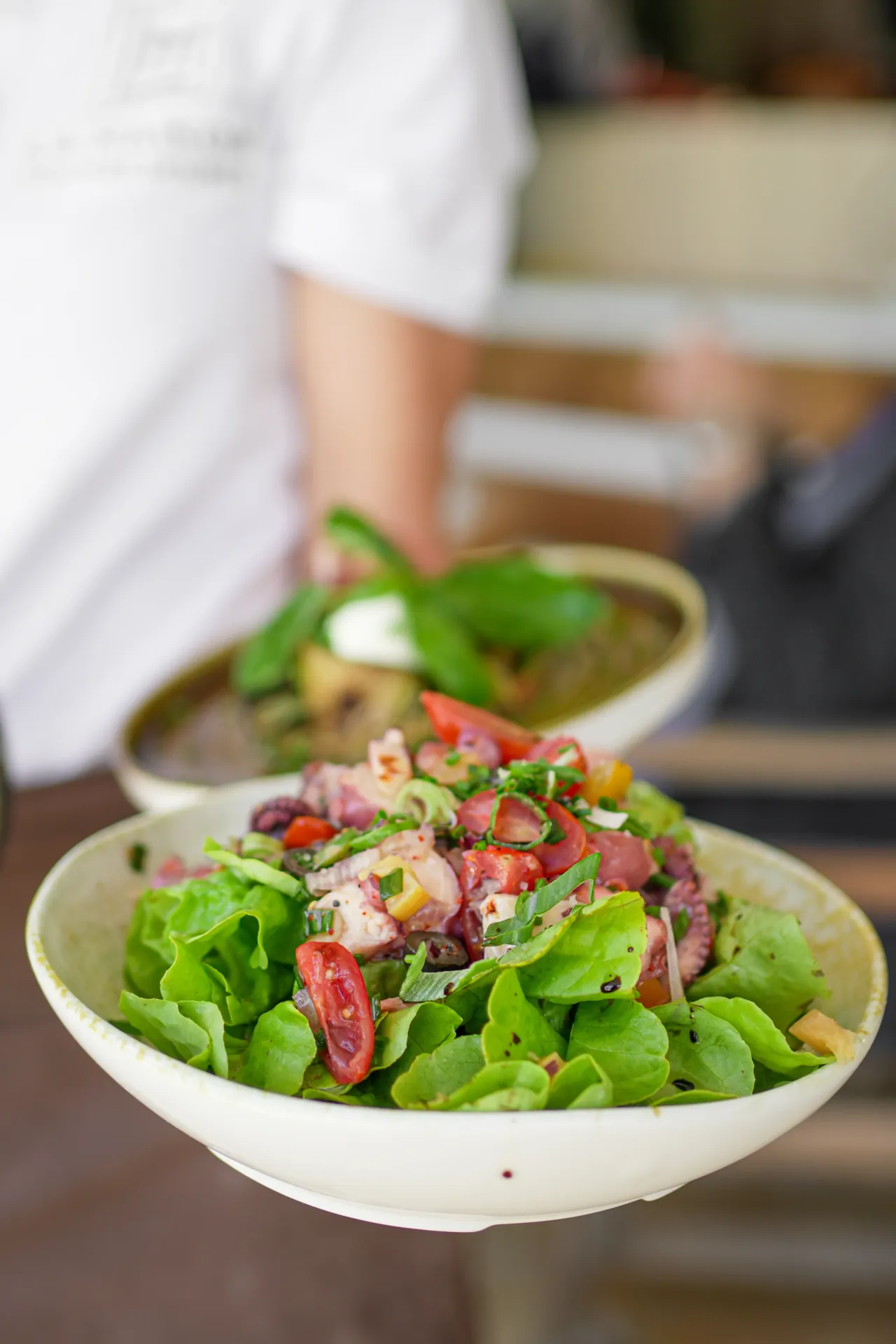 Salade fraîche avec légumes et herbes servie.